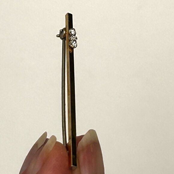 Vintage Krementz 14K Gold Filled Bar Pin Brooch 3 Clear Rhinestones Midcentury - Picture 8 of 10